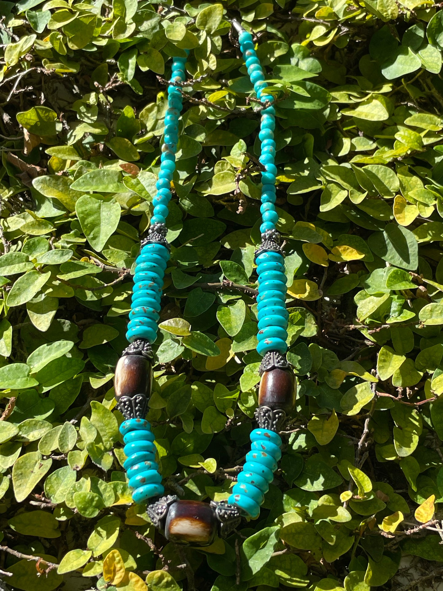 HANDMADE SILVER, TURQUOISE, AND COCONUT SHELL NECKLACE