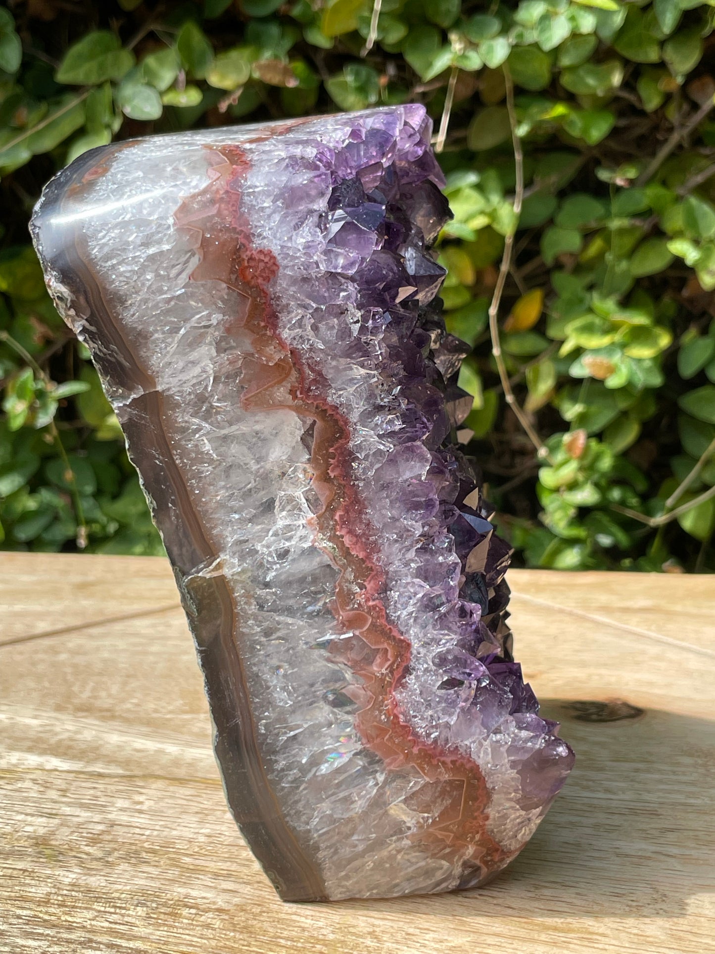 AMETHYST POLISHED PINK BANDING WITH RAINBOWS