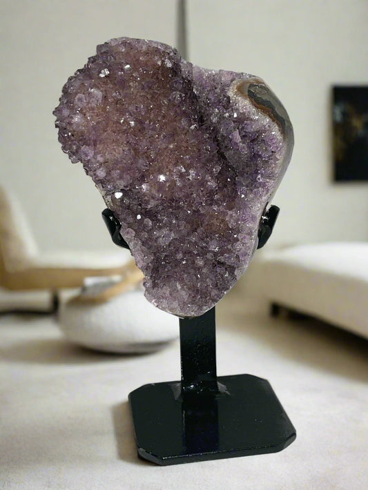 COLLECTOR'S SPECIMEN AMETHYST HEART STALACITE FORMATION  WITH STAND