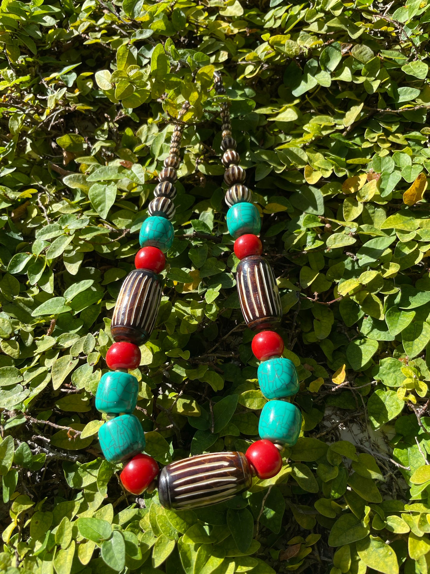 HANDMADE CHUNKY TURQUOISE, RED CORAL, AND COCONUT CARVED NECKLACE