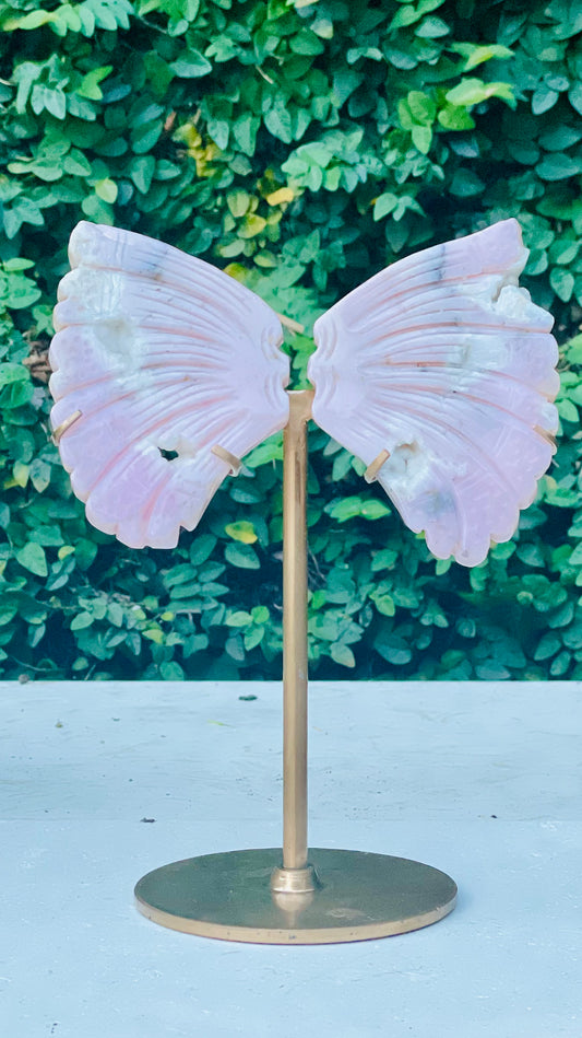 PINK OPAL ANGEL WINGS WITH GOLD STAND