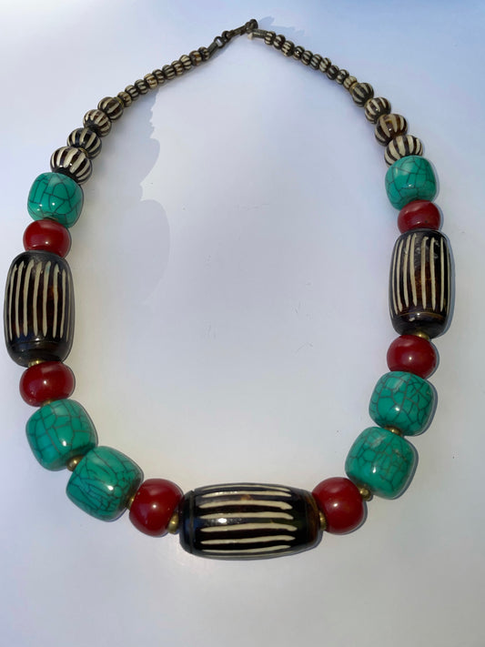 HANDMADE CHUNKY TURQUOISE, RED CORAL, AND COCONUT CARVED NECKLACE