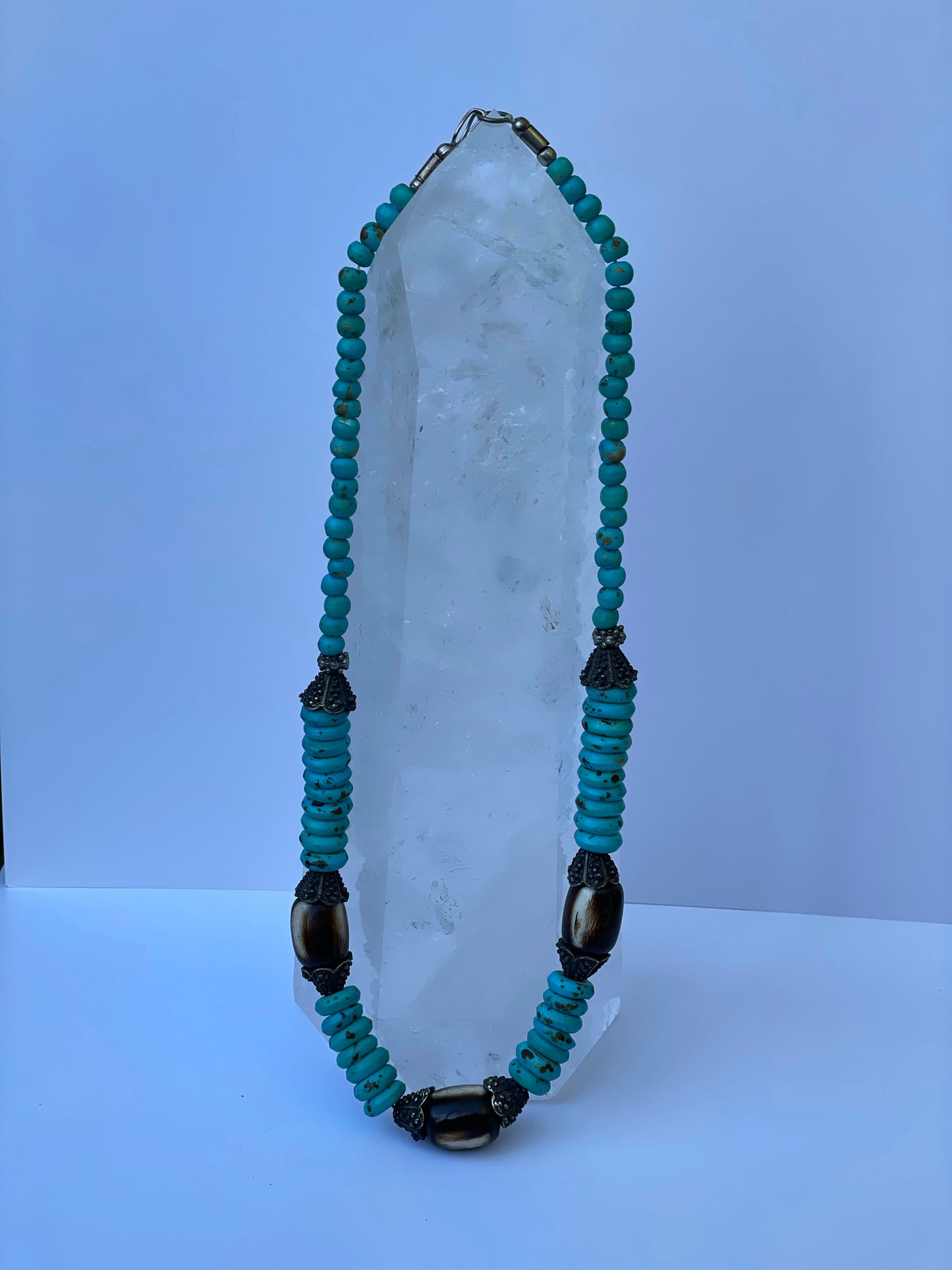 HANDMADE SILVER, TURQUOISE, AND COCONUT SHELL NECKLACE