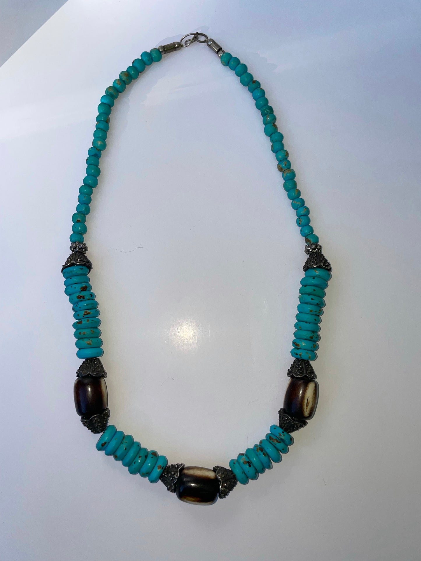 HANDMADE SILVER, TURQUOISE, AND COCONUT SHELL NECKLACE