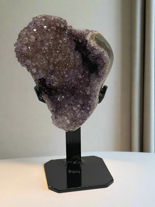 COLLECTOR'S SPECIMEN AMETHYST HEART STALACITE FORMATION  WITH STAND