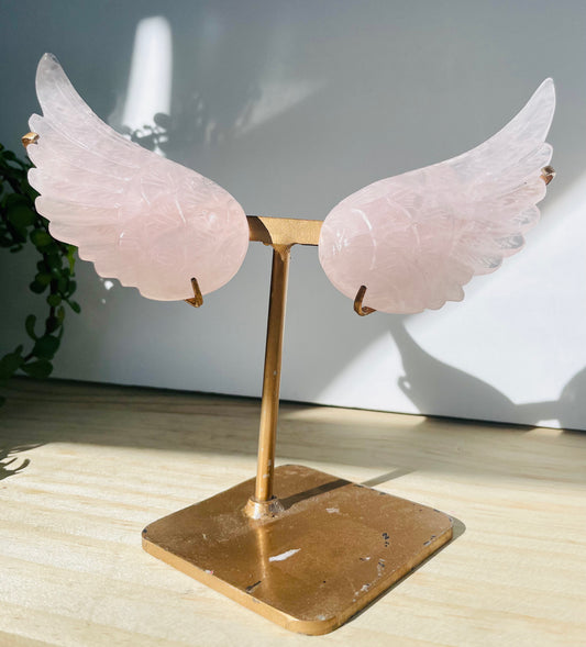 Rose Quartz Angel Wings with Gold Stand