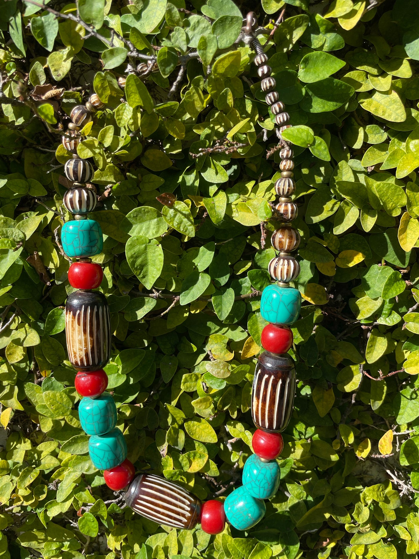 HANDMADE CHUNKY TURQUOISE, RED CORAL, AND COCONUT CARVED NECKLACE