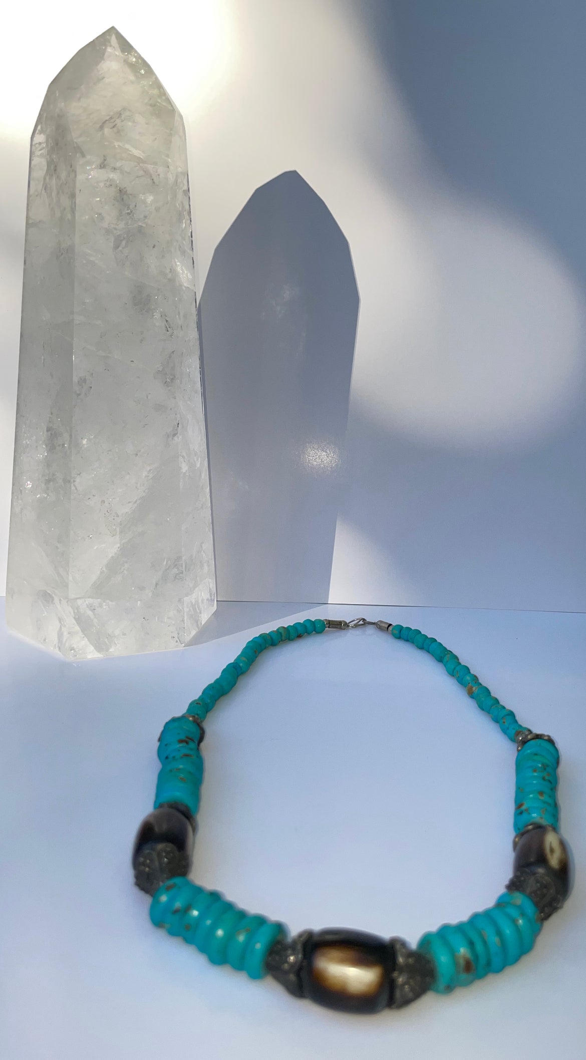 HANDMADE SILVER, TURQUOISE, AND COCONUT SHELL NECKLACE